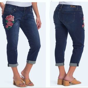 KUT Katy boyfriend rolled up jeans rose embroidery